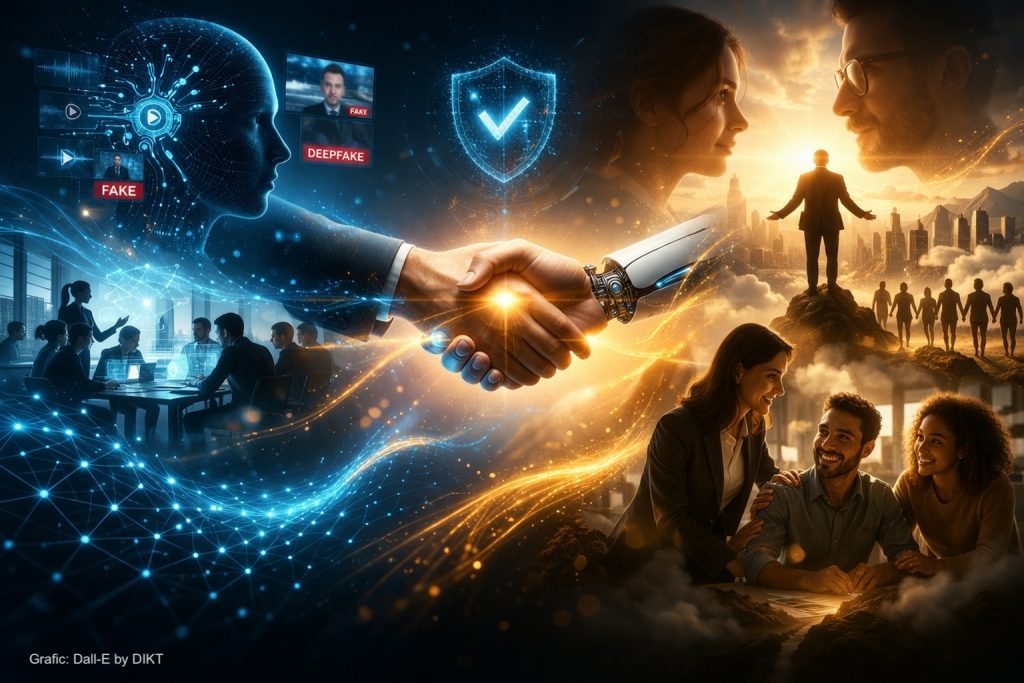 Ein digitaler und menschlicher Händedruck überbrückt Szenen von KI, Deepfakes, Geschäftstreffen und Familie und symbolisiert Vertrauen, Sicherheit und die Auswirkungen künstlicher Intelligenz auf persönliche und berufliche Beziehungen.